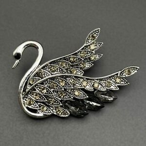Silver with Champagne Topaz and Gray Crystal Graceful Swan Pin Back Brooch